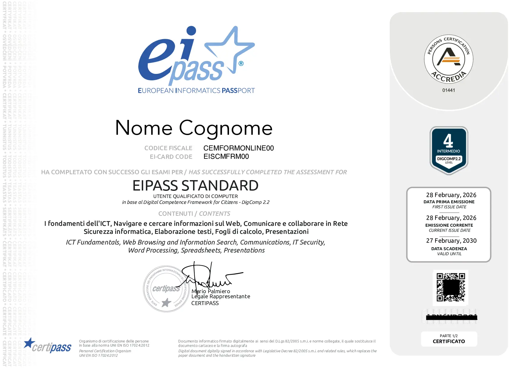 Fac-simile del certificato