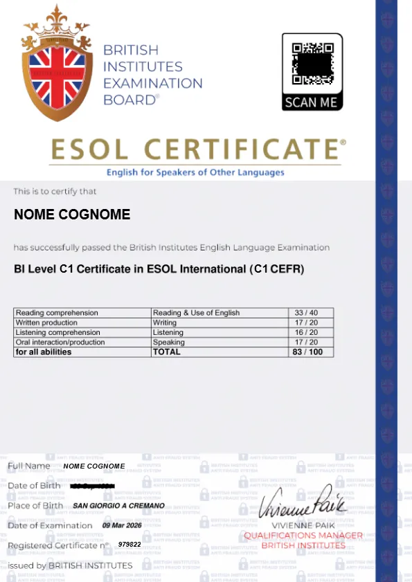 Fac-simile del certificato