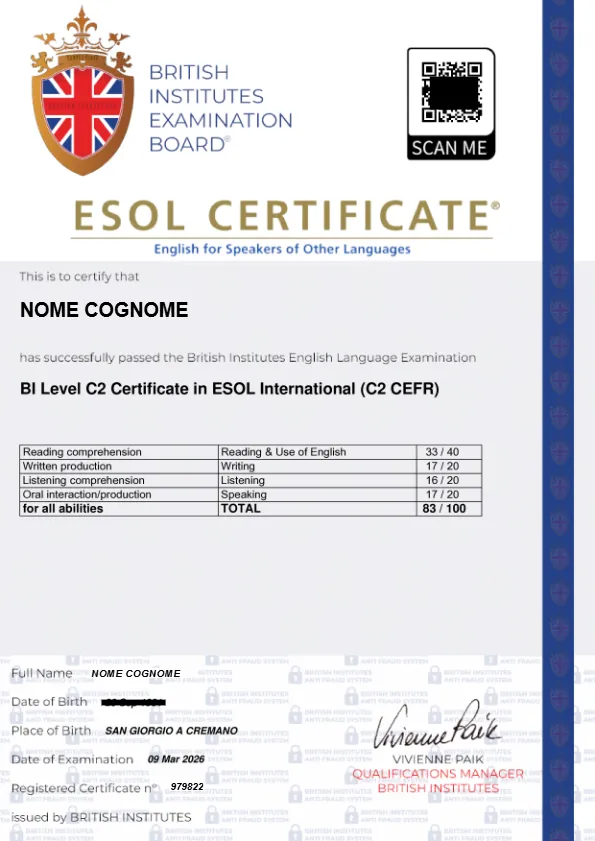 Fac-simile del certificato