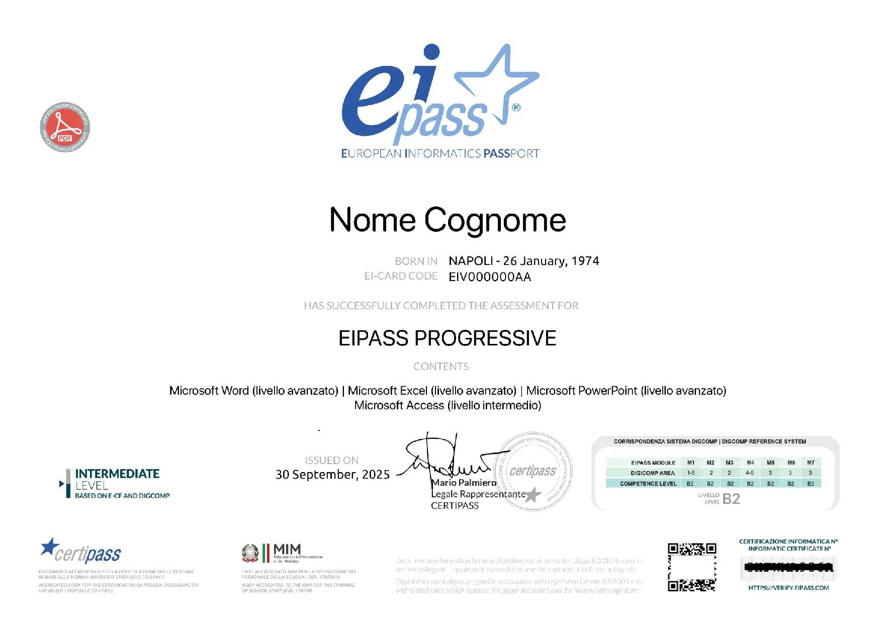 Fac-simile del certificato