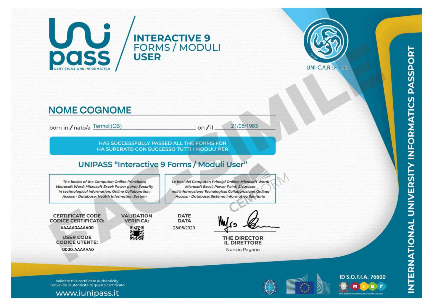 Fac-simile del certificato