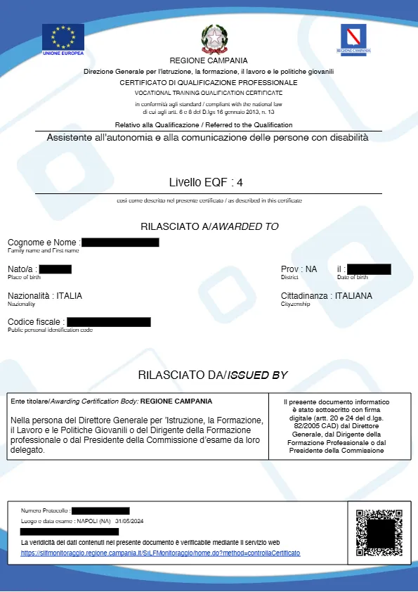 Fac-simile del certificato
