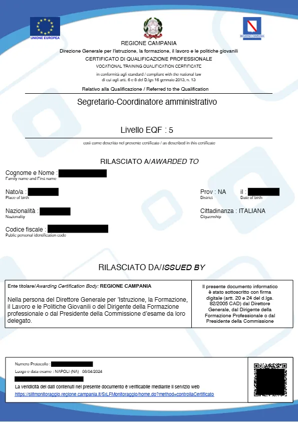 Fac-simile del certificato