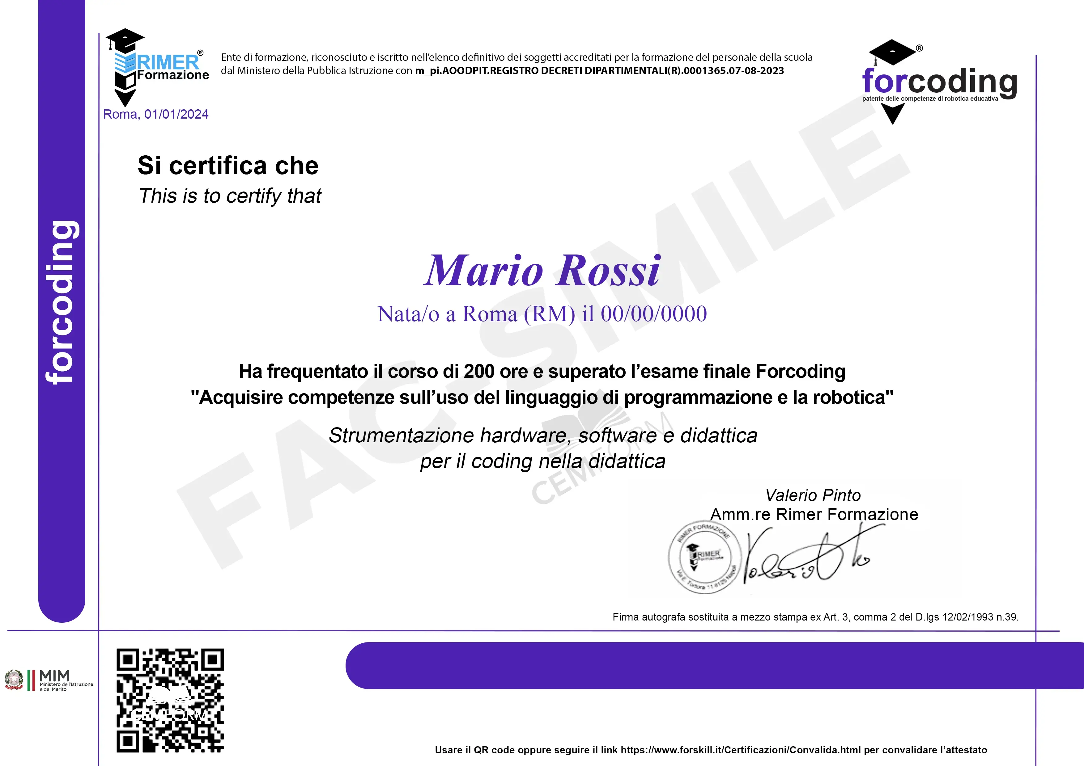 Fac-simile del certificato