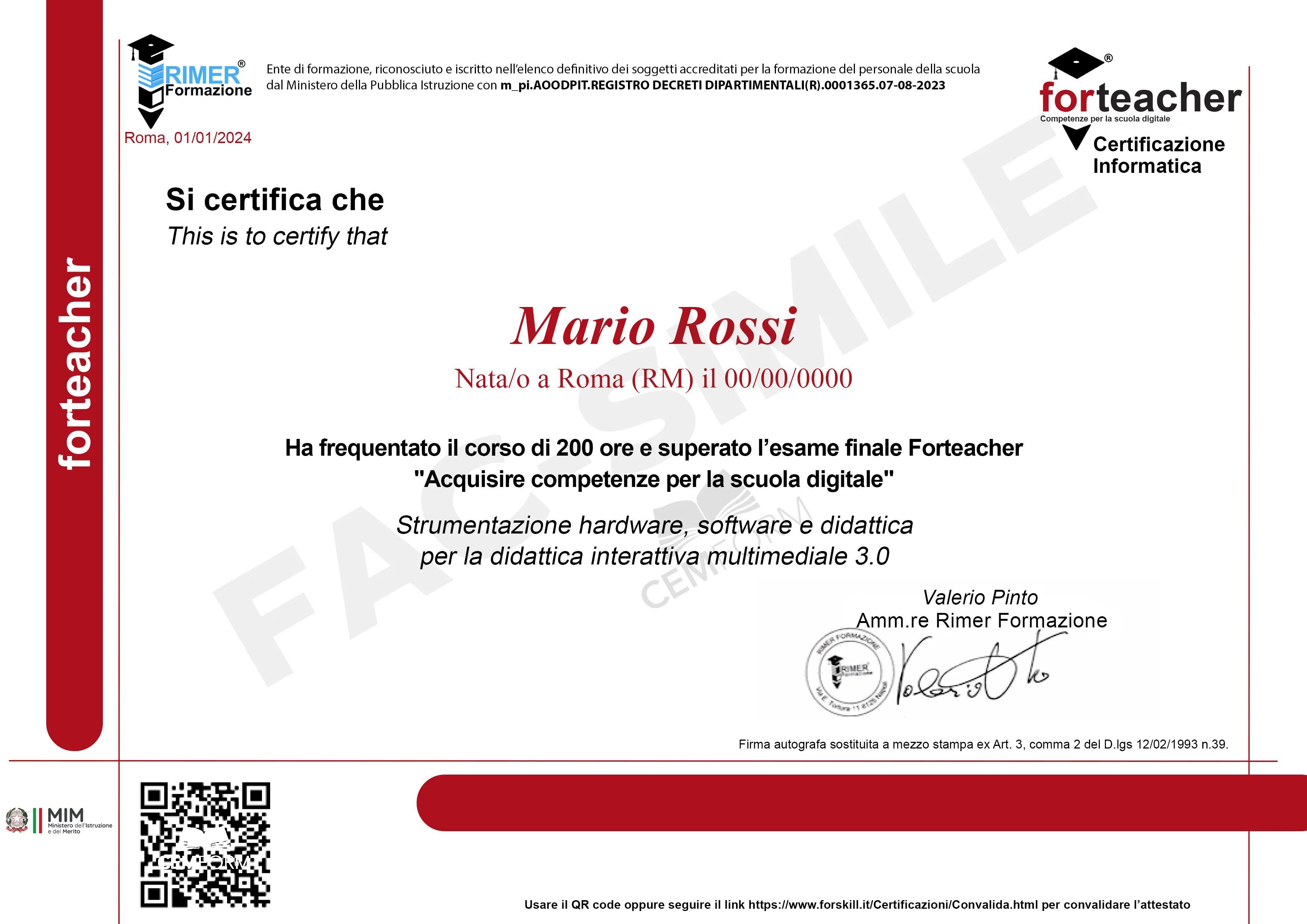 Fac-simile del certificato